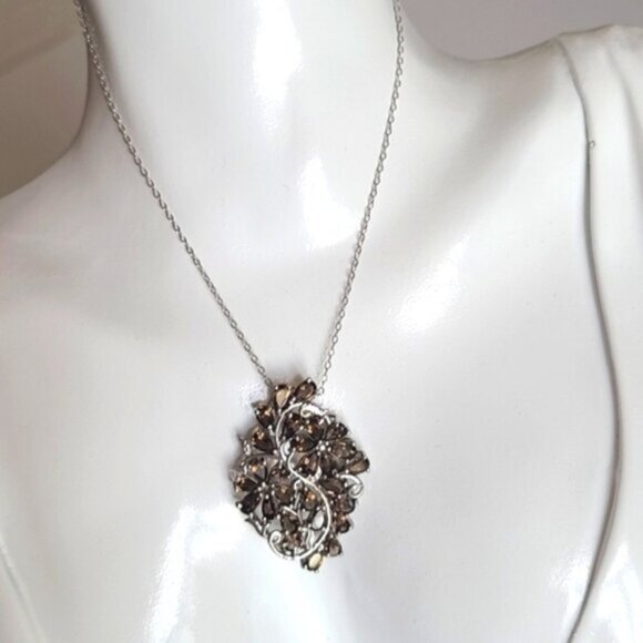 Vintage Sterling Silver Floral Filigree Smoky Quartz Crystal Pendant Necklace - Picture 5 of 16